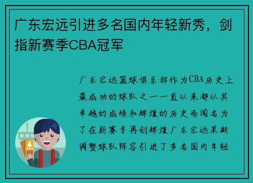 广东宏远引进多名国内年轻新秀，剑指新赛季CBA冠军
